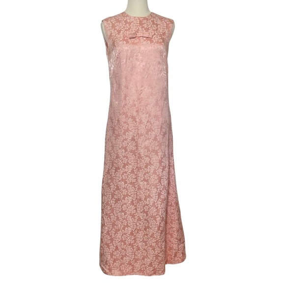 Vintage Dress 60s Pink Floral Brocade Maxi Long Formal Bow Size Small - Picture 2 of 9